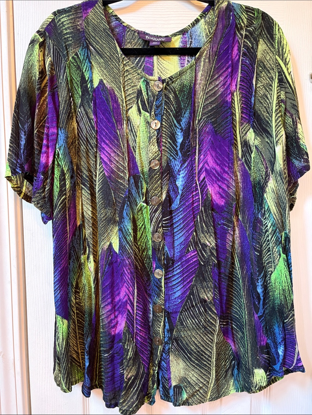 16W Roaman's Button-Front Feather Print Top in Purple and Green